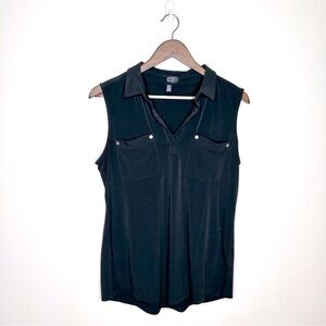 Jones New York Sleeveless Collared Blouse with Front Pockets Black Medium